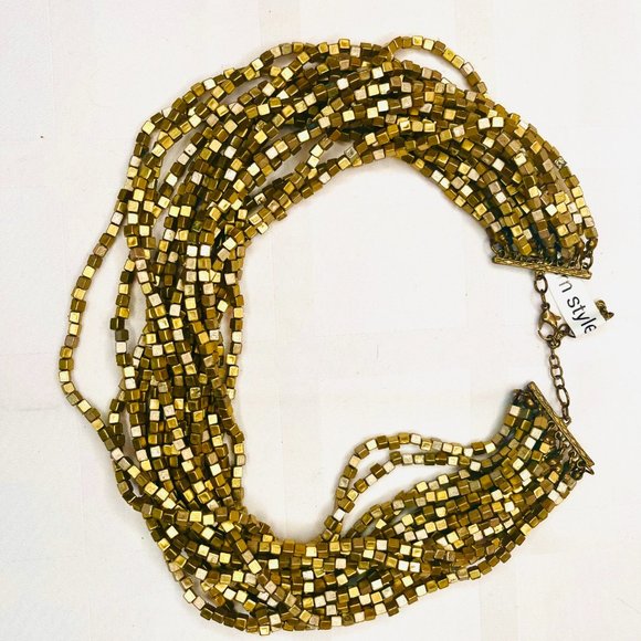 Vintage Multi Strand Metallic Cube Bead Necklace Gold Tone 46–51 cm - Picture 9 of 16